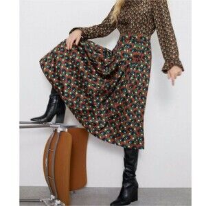 Zara Retro Floral Print Pleated Midi Skirt Women's Size Large Flowers Flowy